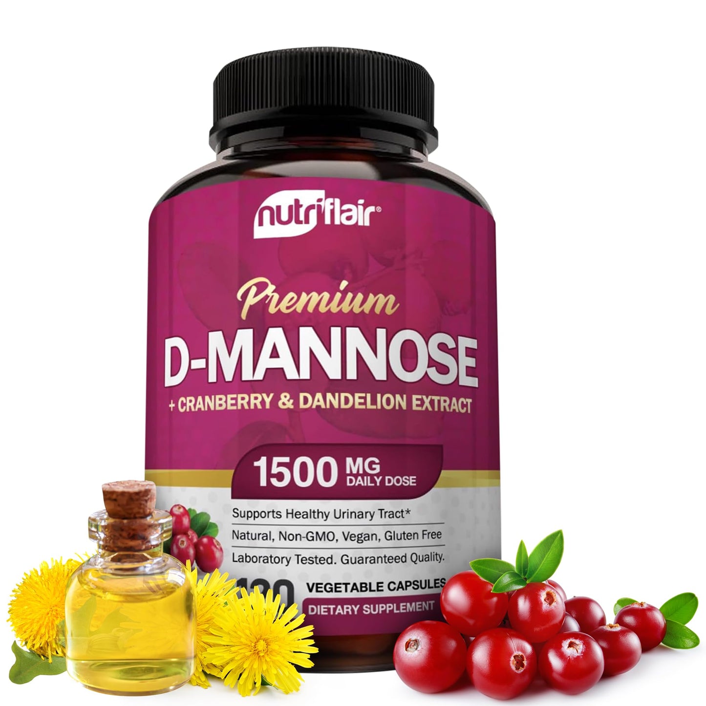 NutriFlair D-Mannose 1200mg: 120 Vegan Capsules | Cranberry & Dandelion Urinary Tract Health