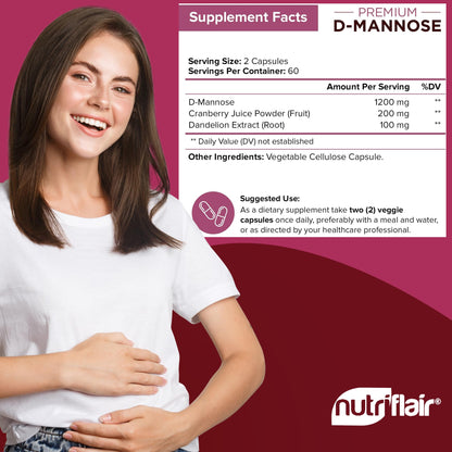 NutriFlair D-Mannose 1200mg: 120 Vegan Capsules | Cranberry & Dandelion Urinary Tract Health