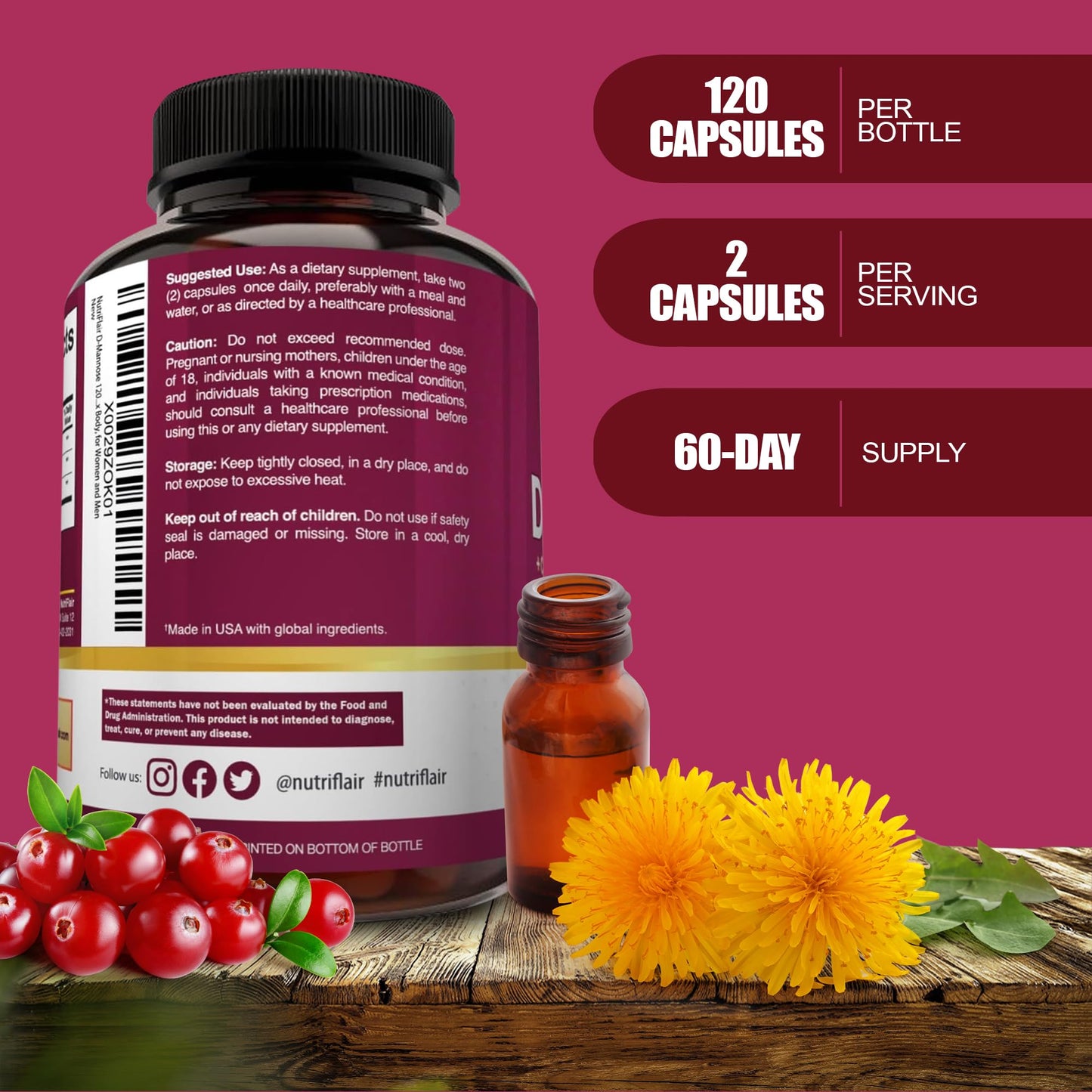 NutriFlair D-Mannose 1200mg: 120 Vegan Capsules | Cranberry & Dandelion Urinary Tract Health