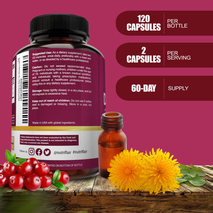 NutriFlair D-Mannose 1200mg: 120 Vegan Capsules | Cranberry & Dandelion Urinary Tract Health
