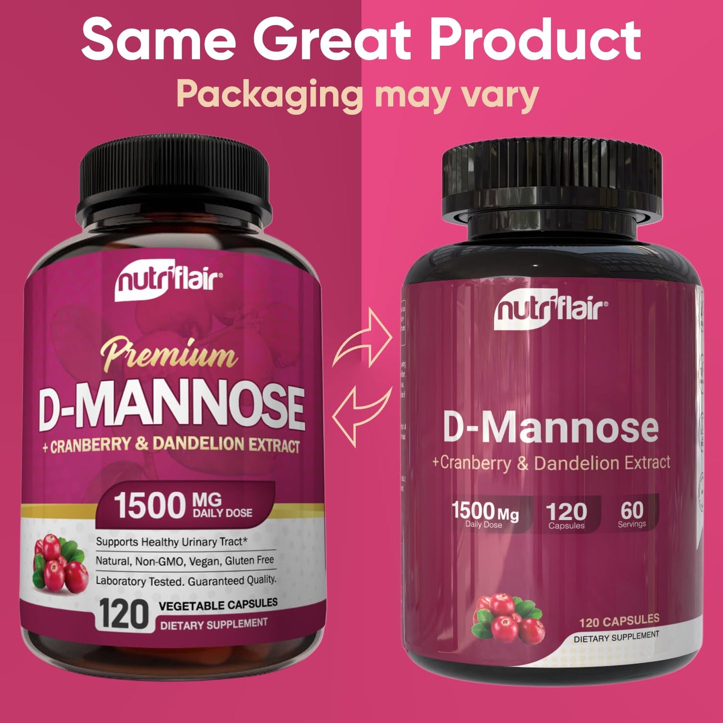 NutriFlair D-Mannose 1200mg: 120 Vegan Capsules | Cranberry & Dandelion Urinary Tract Health