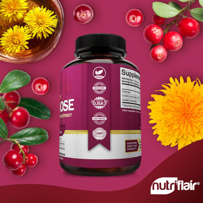 NutriFlair D-Mannose 1200mg: 120 Vegan Capsules | Cranberry & Dandelion Urinary Tract Health