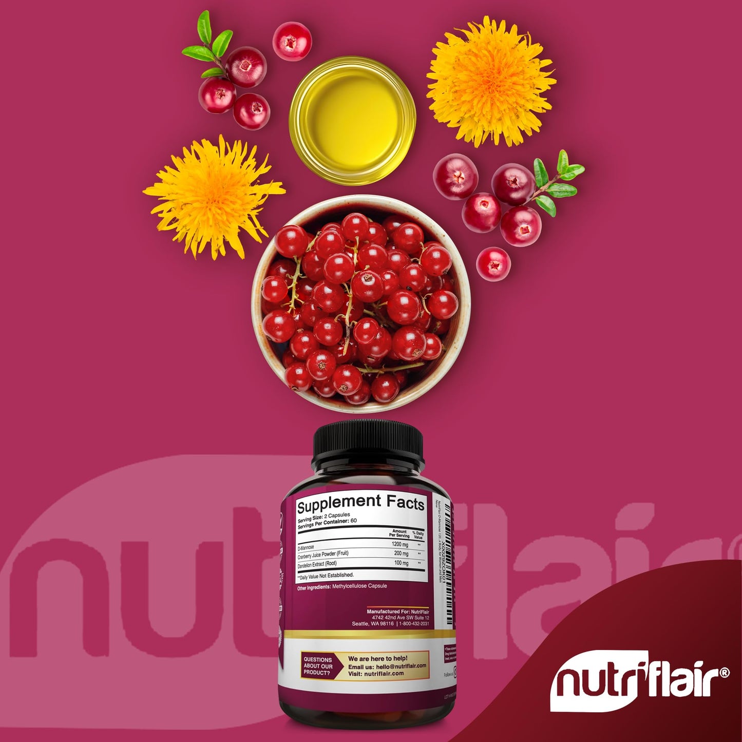 NutriFlair D-Mannose 1200mg: 120 Vegan Capsules | Cranberry & Dandelion Urinary Tract Health