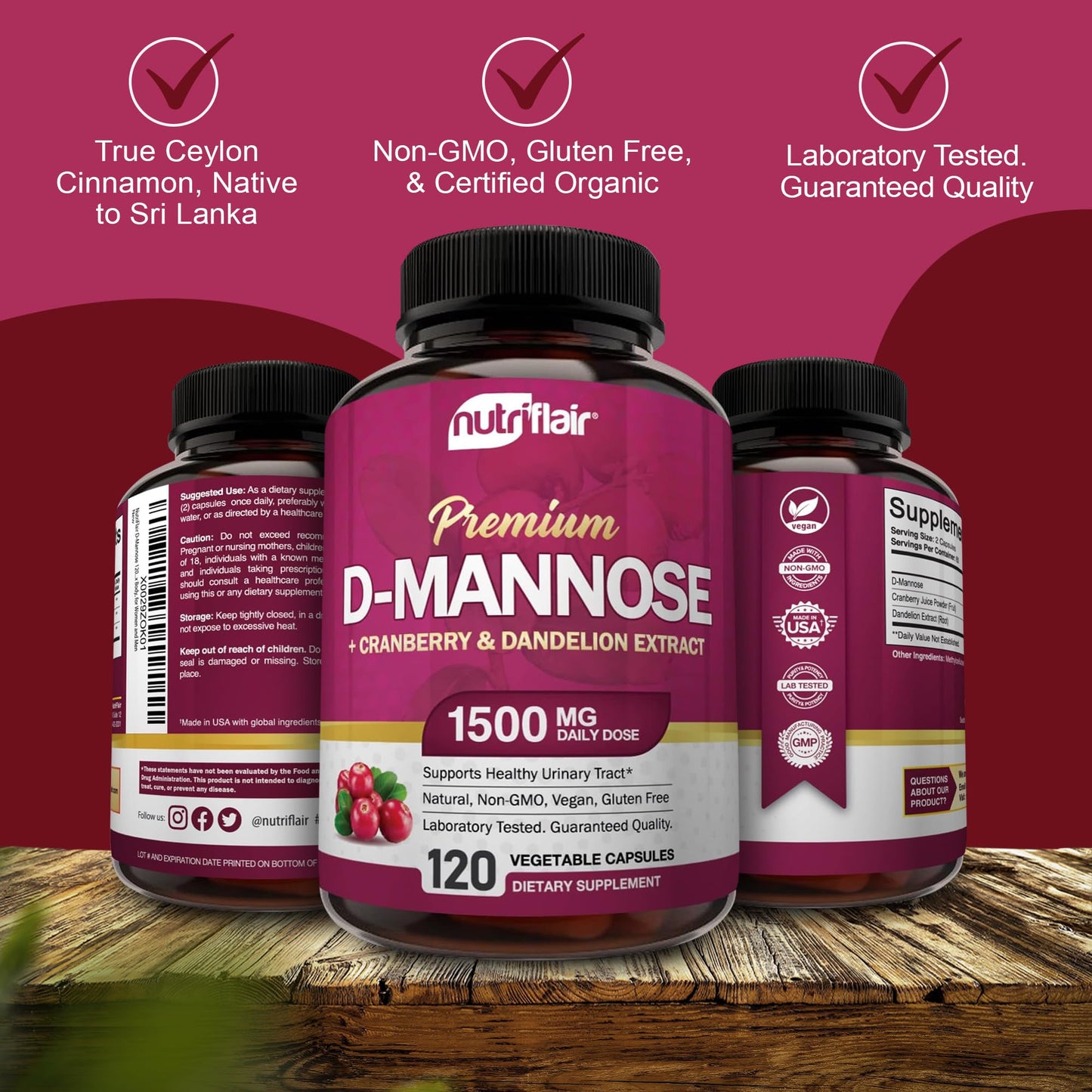 NutriFlair D-Mannose 1200mg: 120 Vegan Capsules | Cranberry & Dandelion Urinary Tract Health