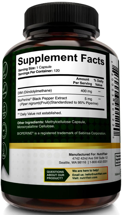 NutriFlair DIM 400mg with Bioperine – 120 Capsules | Hormone Balance & Estrogen Metabolism Support