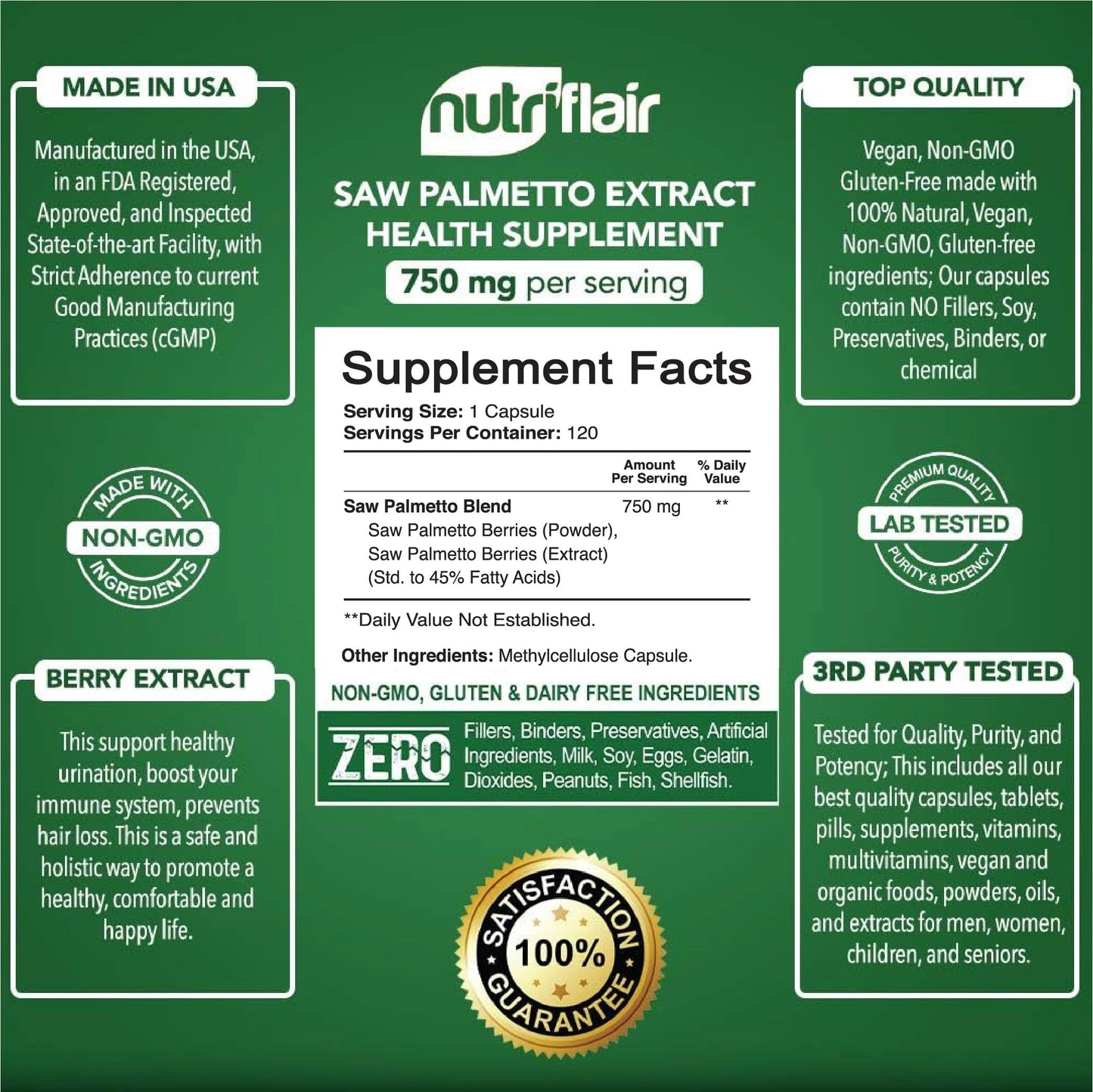 NutriFlair Saw Palmetto 750mg – Prostate Health & Hair Support (120 Capsules)