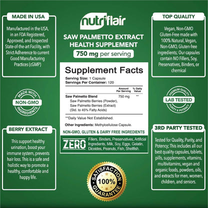 NutriFlair Saw Palmetto 750mg – Prostate Health & Hair Support (120 Capsules)
