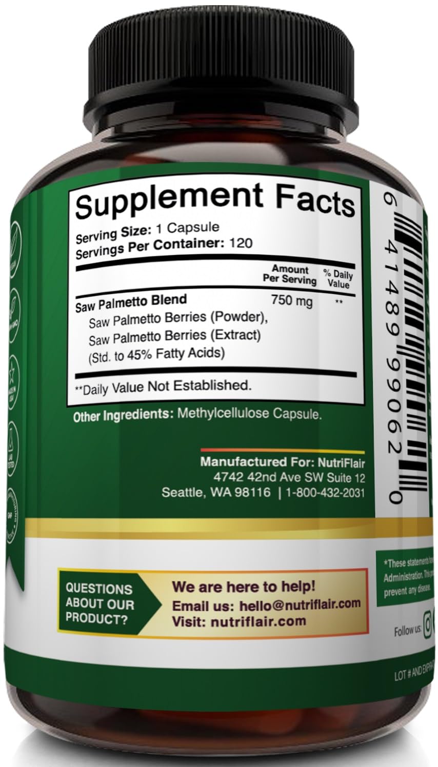 NutriFlair Saw Palmetto 750mg – Prostate Health & Hair Support (120 Capsules)