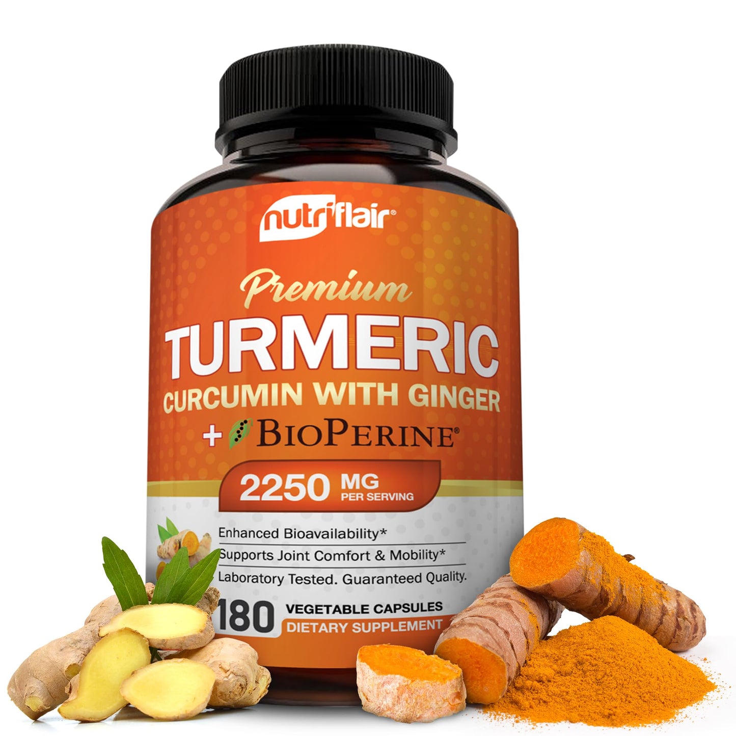 NutriFlair Turmeric Curcumin 180 Caps with BioPerine & Ginger - Joint Support