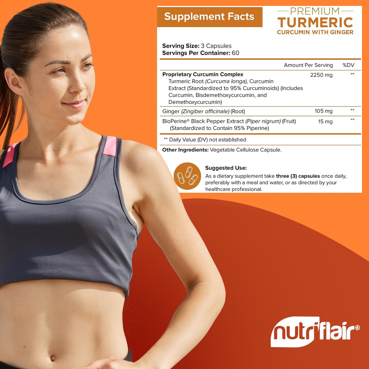 NutriFlair Turmeric Curcumin 180 Caps with BioPerine & Ginger - Joint Support