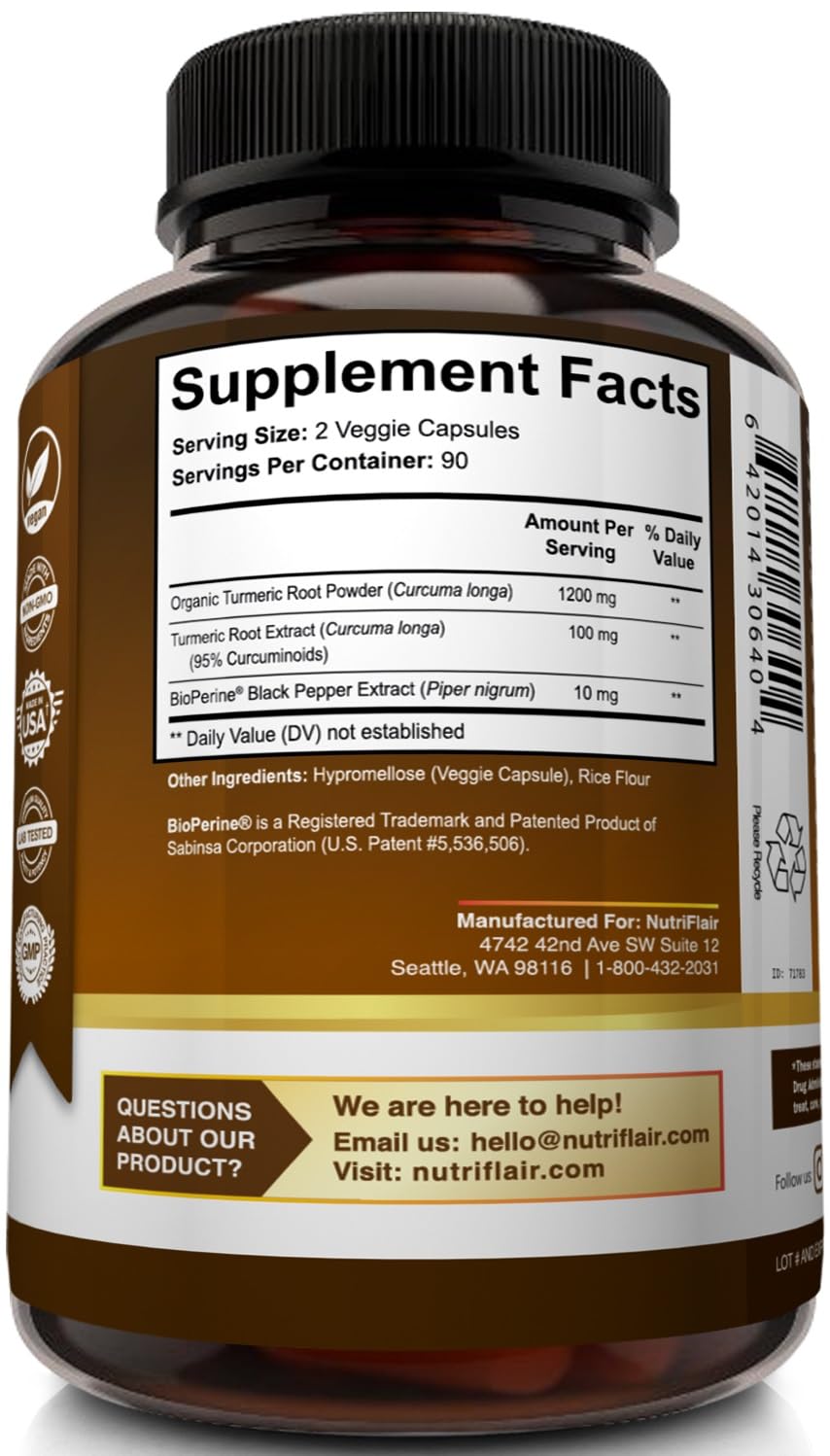 NutriFlair Turmeric Curcumin + BioPerine 1300mg - 180 Capsules