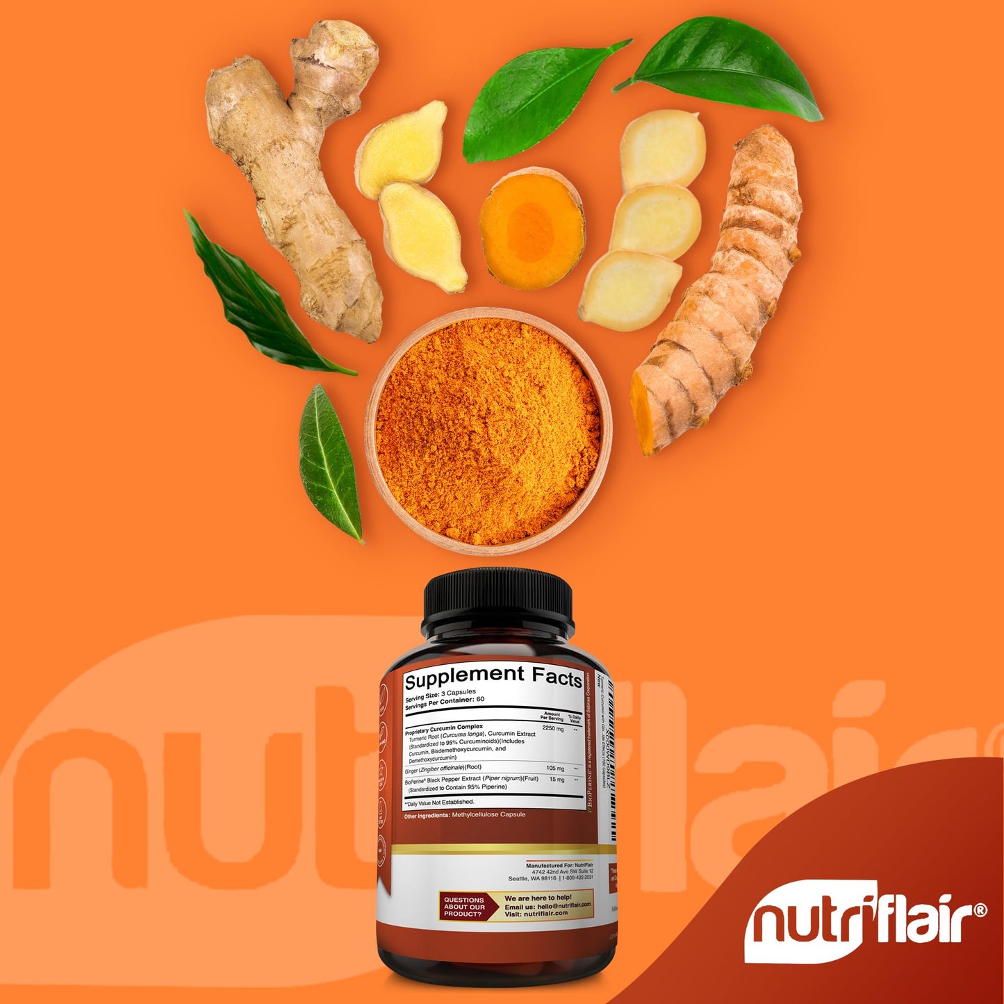 NutriFlair Turmeric Curcumin 180 Caps with BioPerine & Ginger - Joint Support
