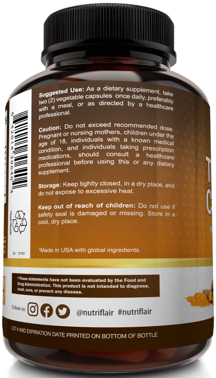 NutriFlair Turmeric Curcumin + BioPerine 1300mg - 180 Capsules