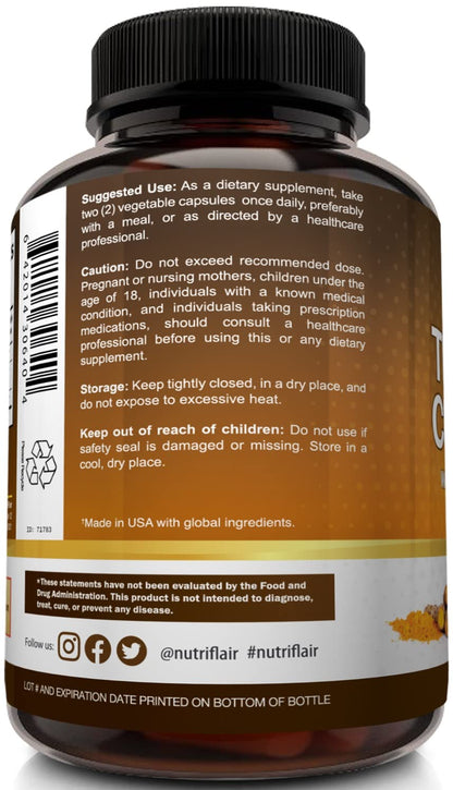 NutriFlair Turmeric Curcumin + BioPerine 1300mg - 180 Capsules