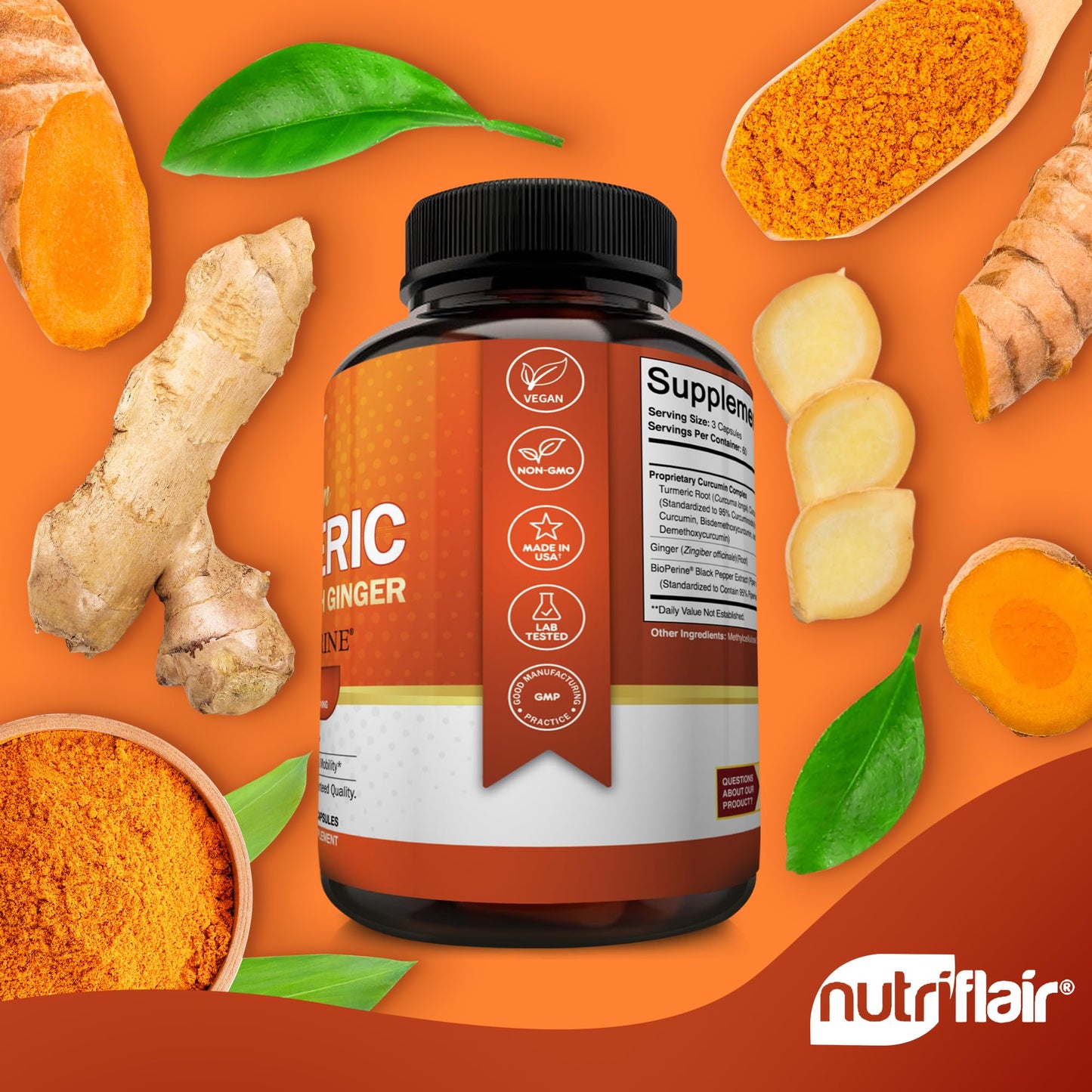 NutriFlair Turmeric Curcumin 180 Caps with BioPerine & Ginger - Joint Support