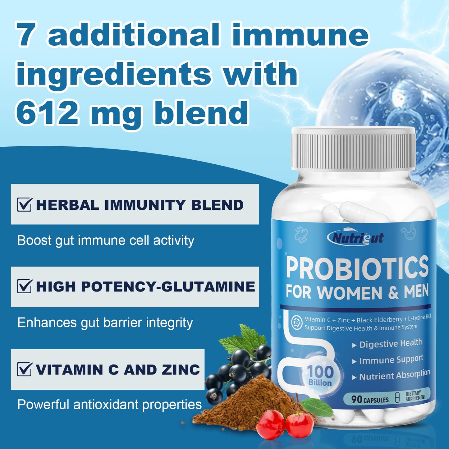 NutriGut Probiotics for Women & Men – 100 Billion CFUs, 90 Veggie Caps | Gut Health & Immune Support