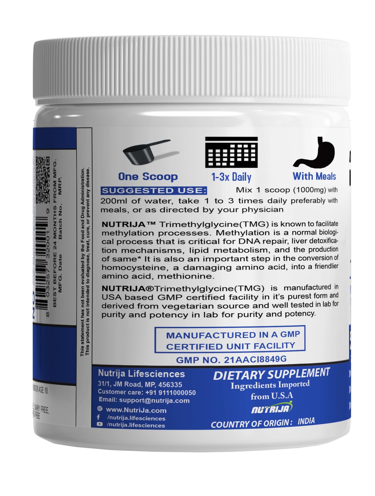 NutriJa TMG (Trimethylglycine) Betaine Anhydrous 500g | USP Pharmaceutical Grade