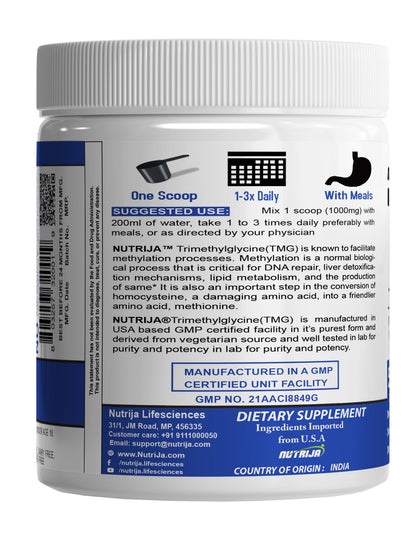 NutriJa TMG (Trimethylglycine) Betaine Anhydrous 500g | USP Pharmaceutical Grade