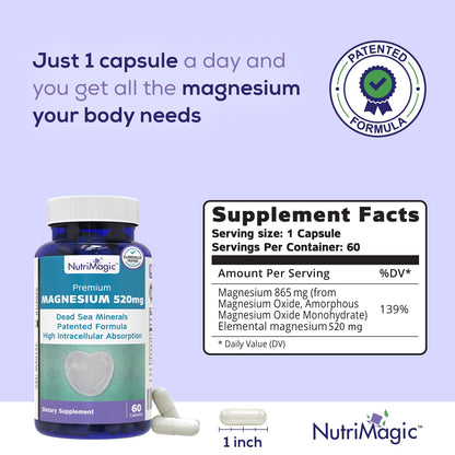 NutriMagic 520mg Patented High-Absorption Magnesium | Dead Sea Minerals 60 Capsules (2-Month)