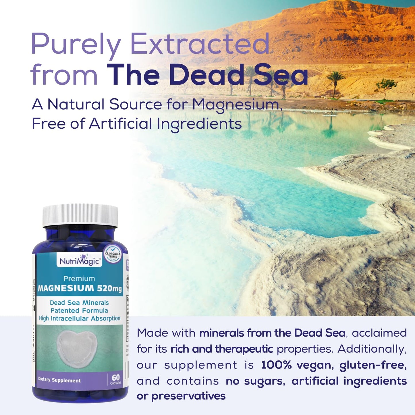 NutriMagic 520mg Patented High-Absorption Magnesium | Dead Sea Minerals 60 Capsules (2-Month)