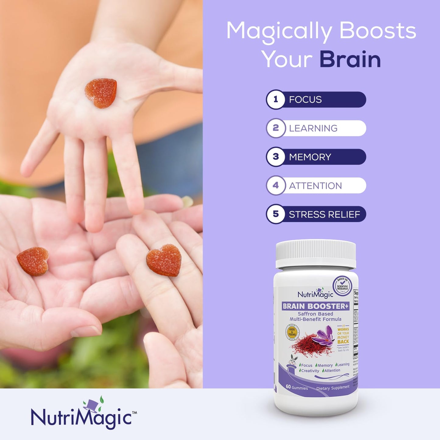 NutriMagic Brain Booster+ Kids Saffron Gummies – 30mg Saffron, D3, B6, B12, Zinc | Focus & Memory