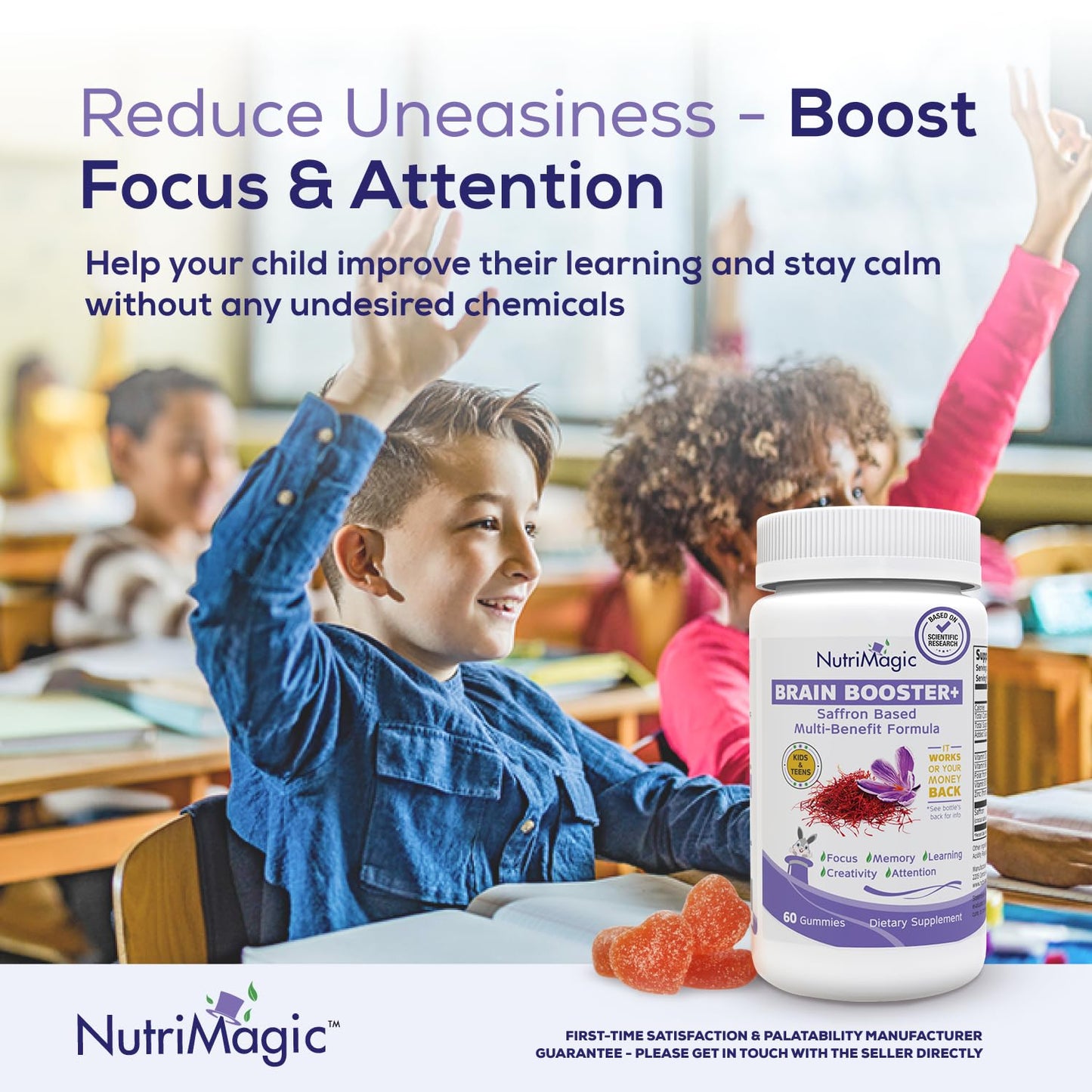 NutriMagic Brain Booster+ Kids Saffron Gummies – 30mg Saffron, D3, B6, B12, Zinc | Focus & Memory