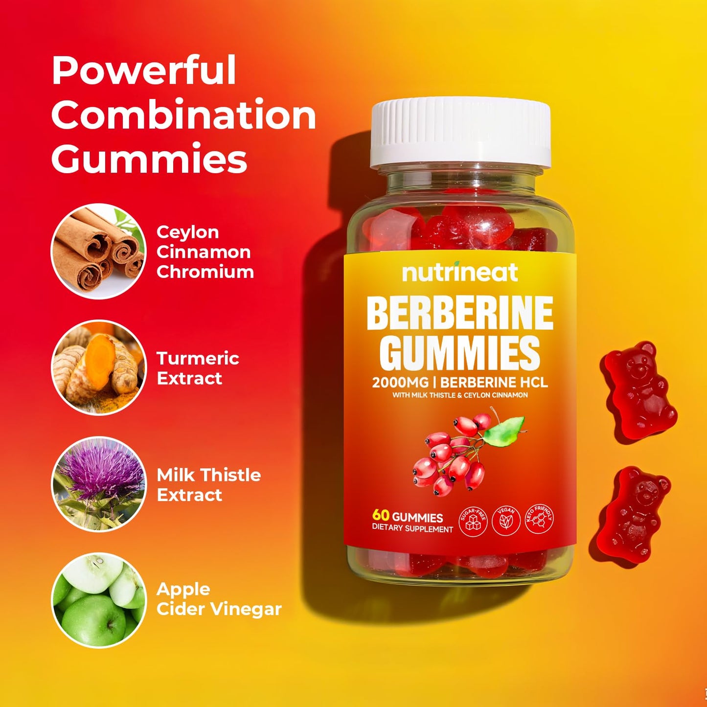 NutriNeat Berberine Gummies - 60 Count, 2000mg Berberine + Cinnamon & Milk Thistle