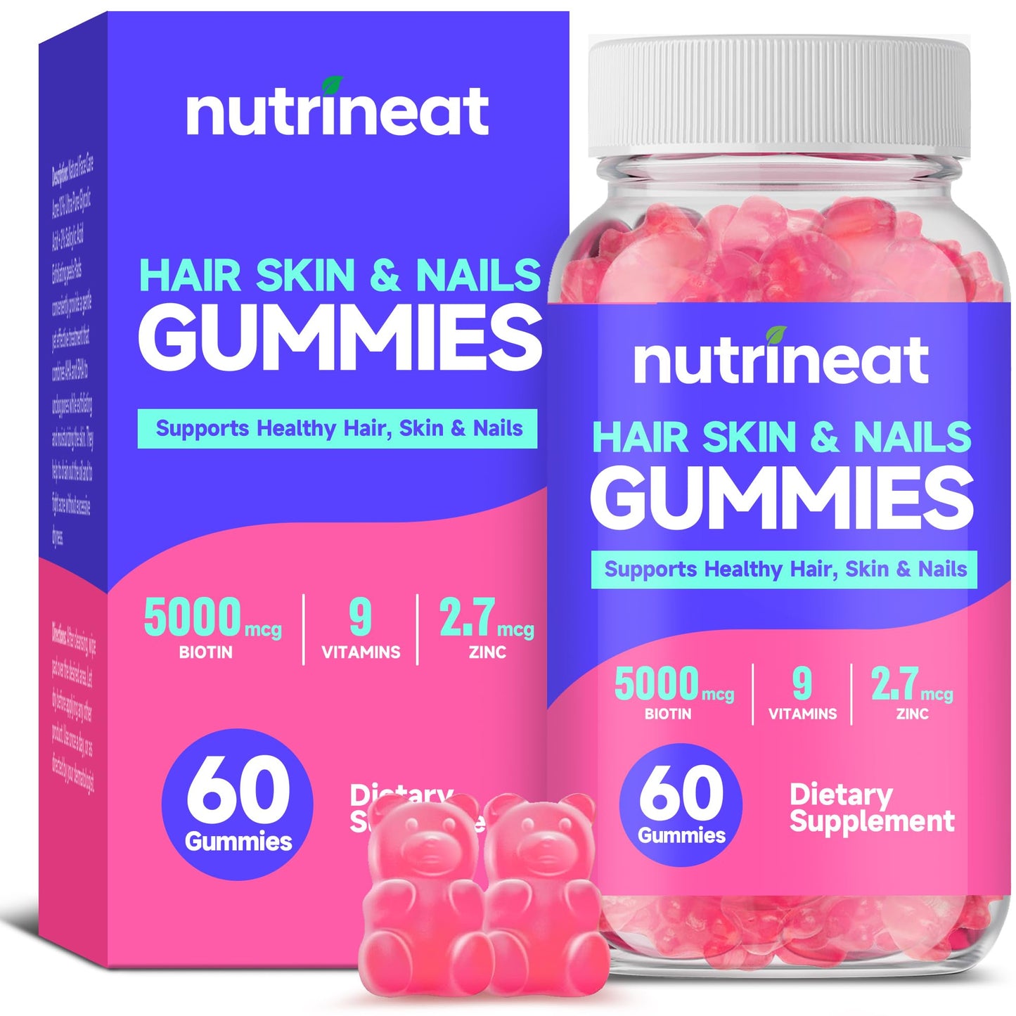 NutriNeat Hair Skin and Nails Gummies with Biotin 5000 mcg, Zinc & Vitamins (60 Gummies) | Hair Growth & Nail Support