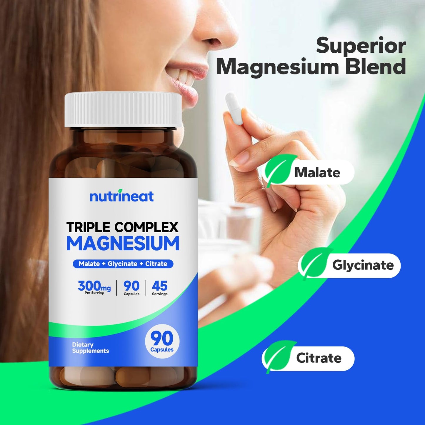 NutriNeat Triple Magnesium Complex – 90 Capsules | 300mg Mg Glycinate/Citrate/Malate | Vegan & Non-GMO