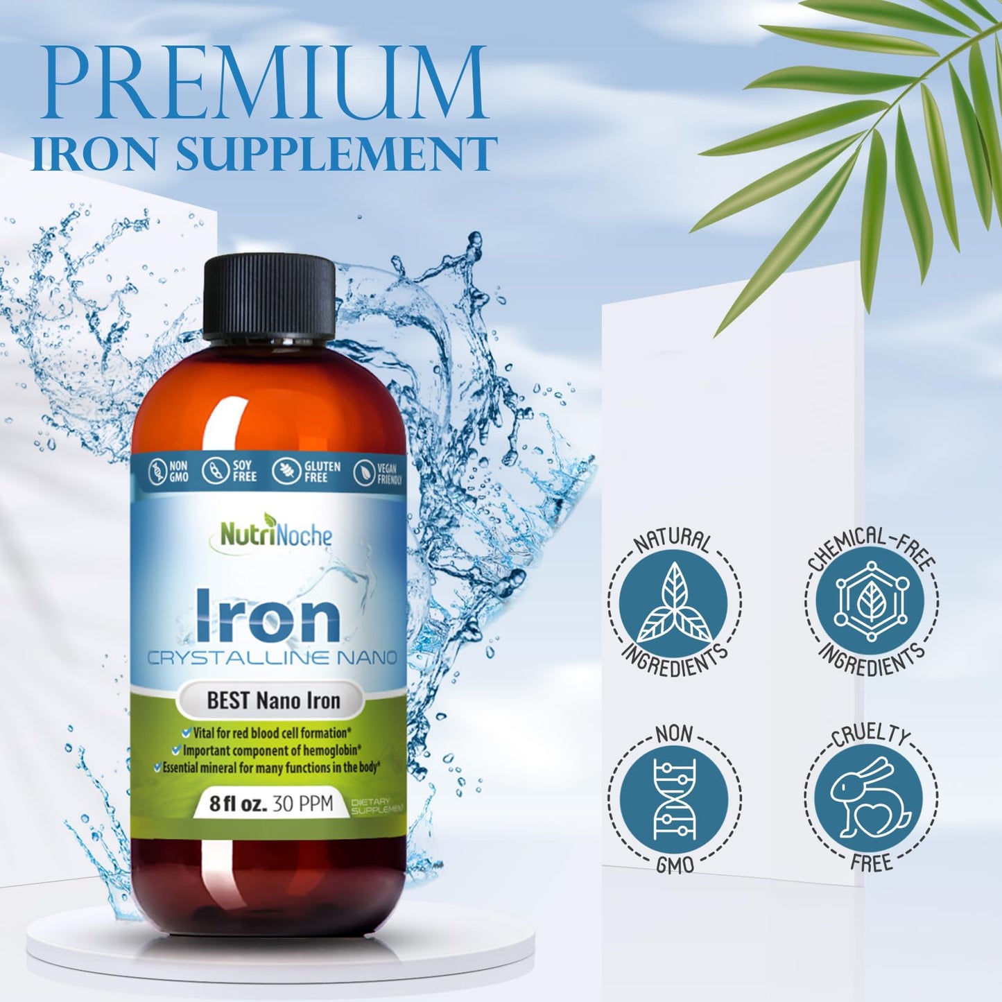 Nutrinoche Liquid Iron Supplement - High Potency Sublingual Drops (8 oz) - Vegan, Tasteless - For Women, Men & Kids