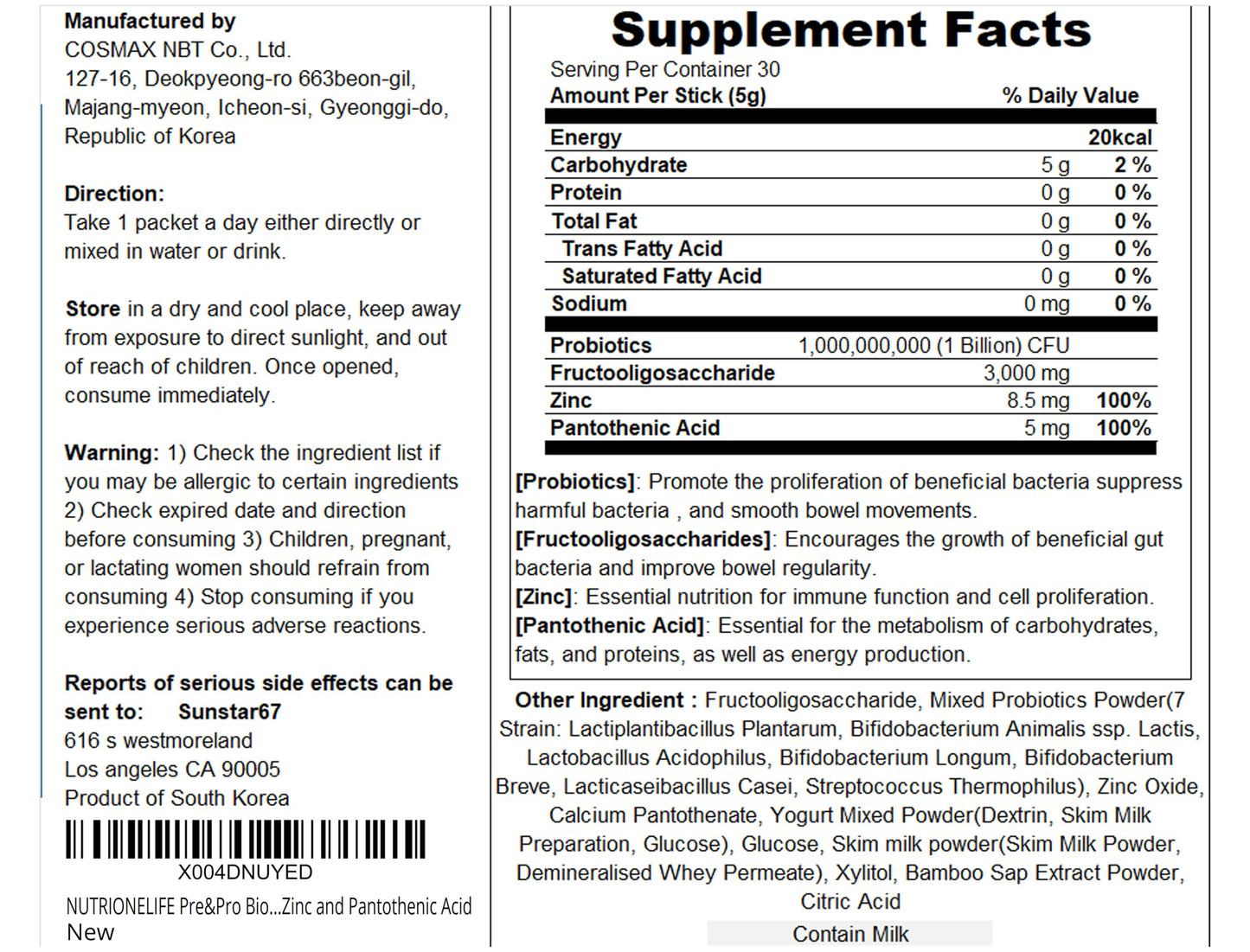 NUTRIONELIFE Pre&Pro Biotics – 1 Billion CFU Powder, Multi-Strain Korea Probiotics for Digestive Wellness, Zinc & Pantothenic Acid
