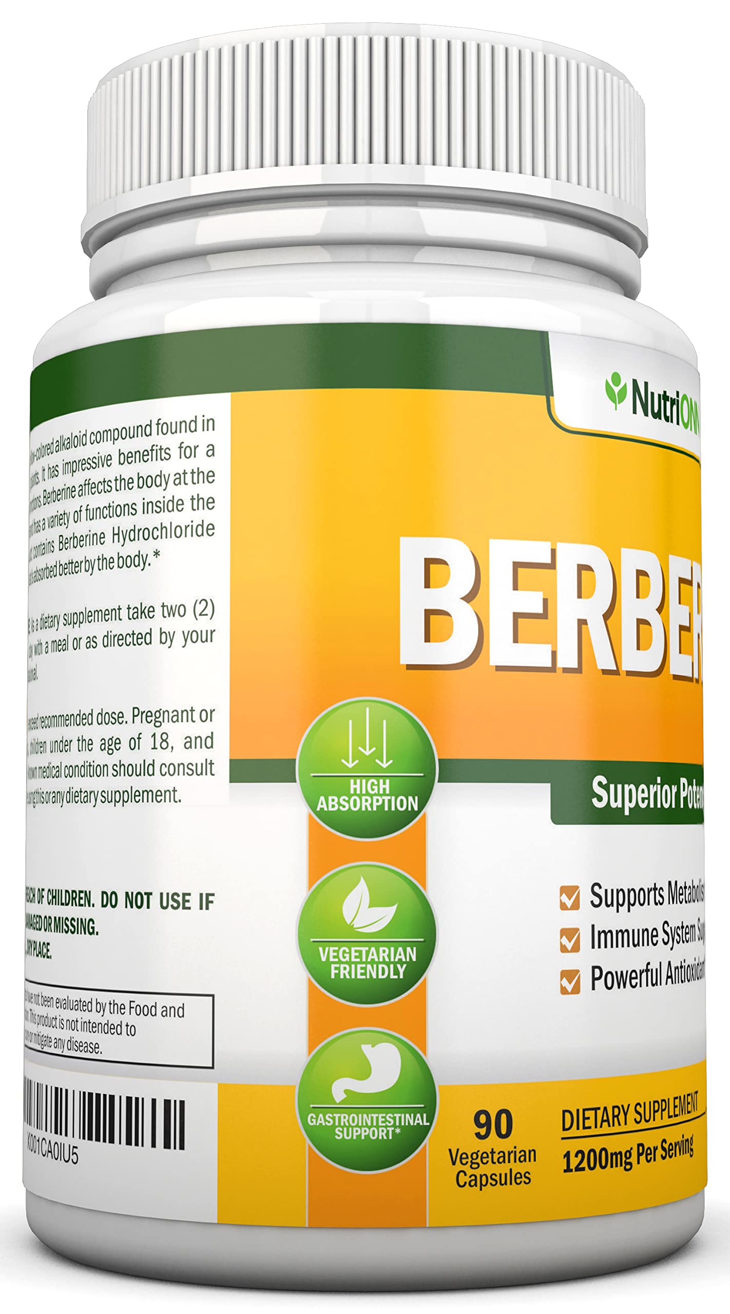Berberine 1200 mg per Serving | 90 Vegetarian Capsules | Berberine HCl Immune Support