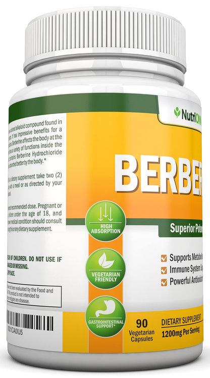 Berberine 1200 mg per Serving | 90 Vegetarian Capsules | Berberine HCl Immune Support