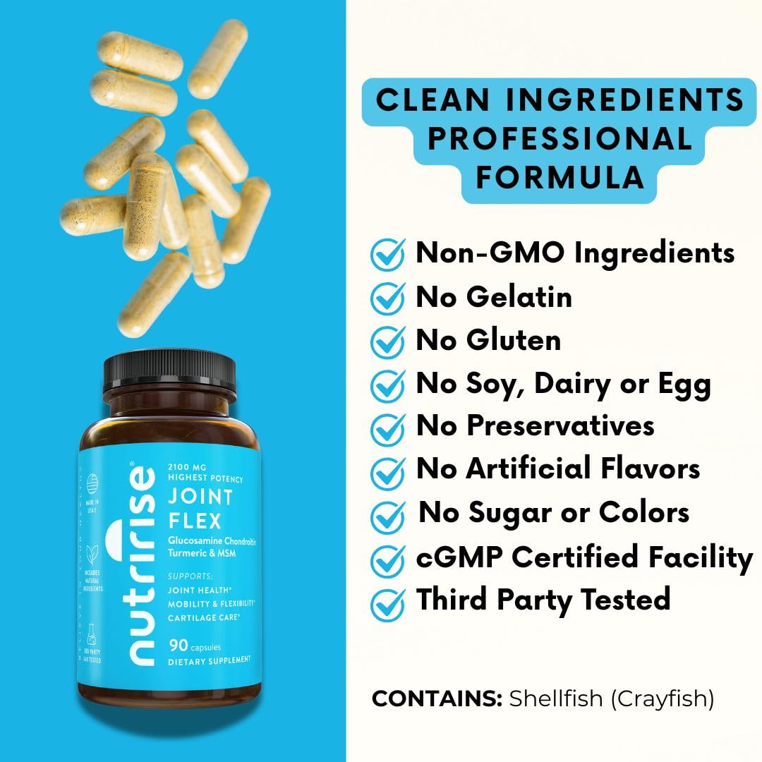 NutriRise Joint Flex 2100mg Glucosamine Chondroitin Turmeric Curcumin - Gluten Free