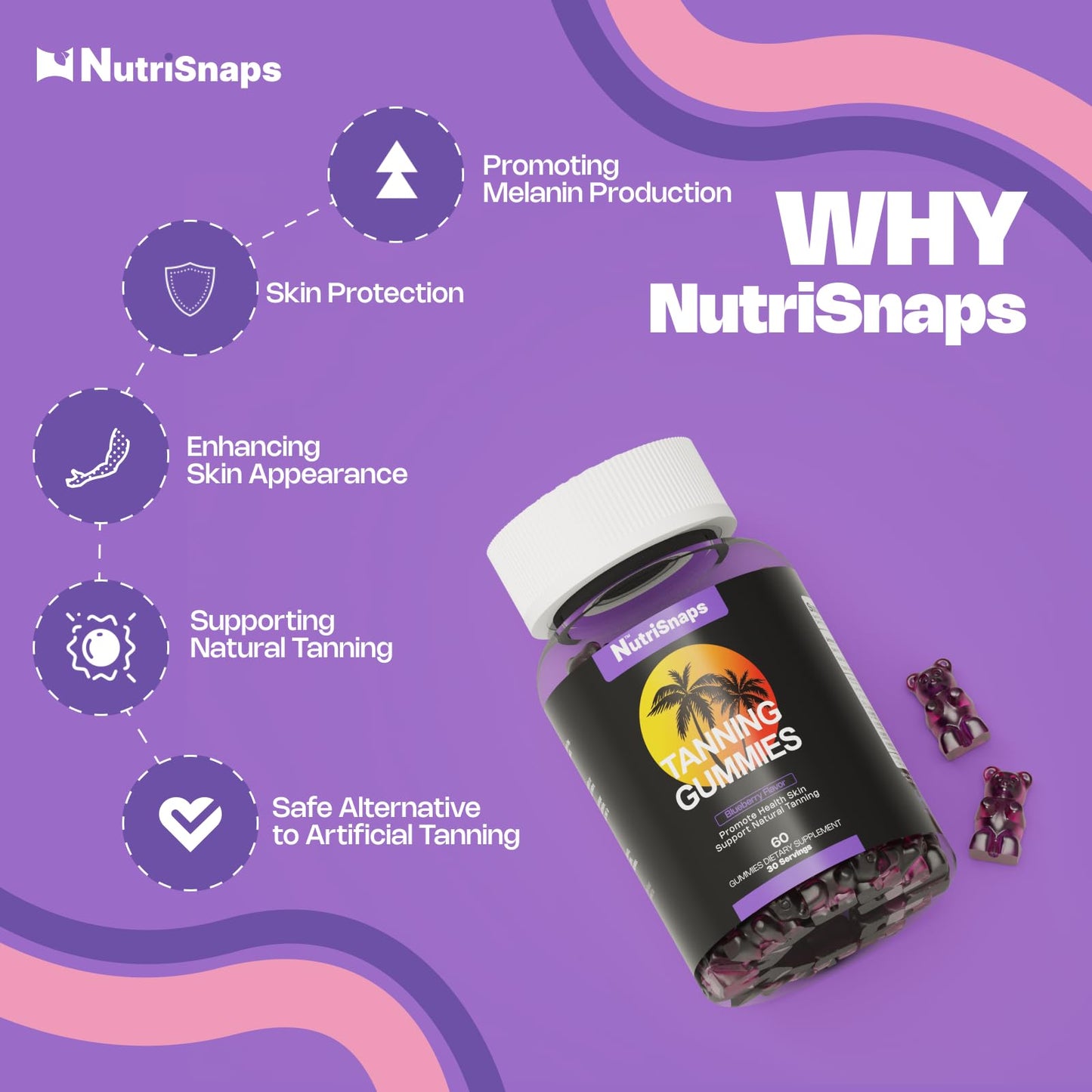 Nutrisnaps Tanning Gummies – Vegan Non-GMO Tanning Supplement (60 Gummies) | Blueberry