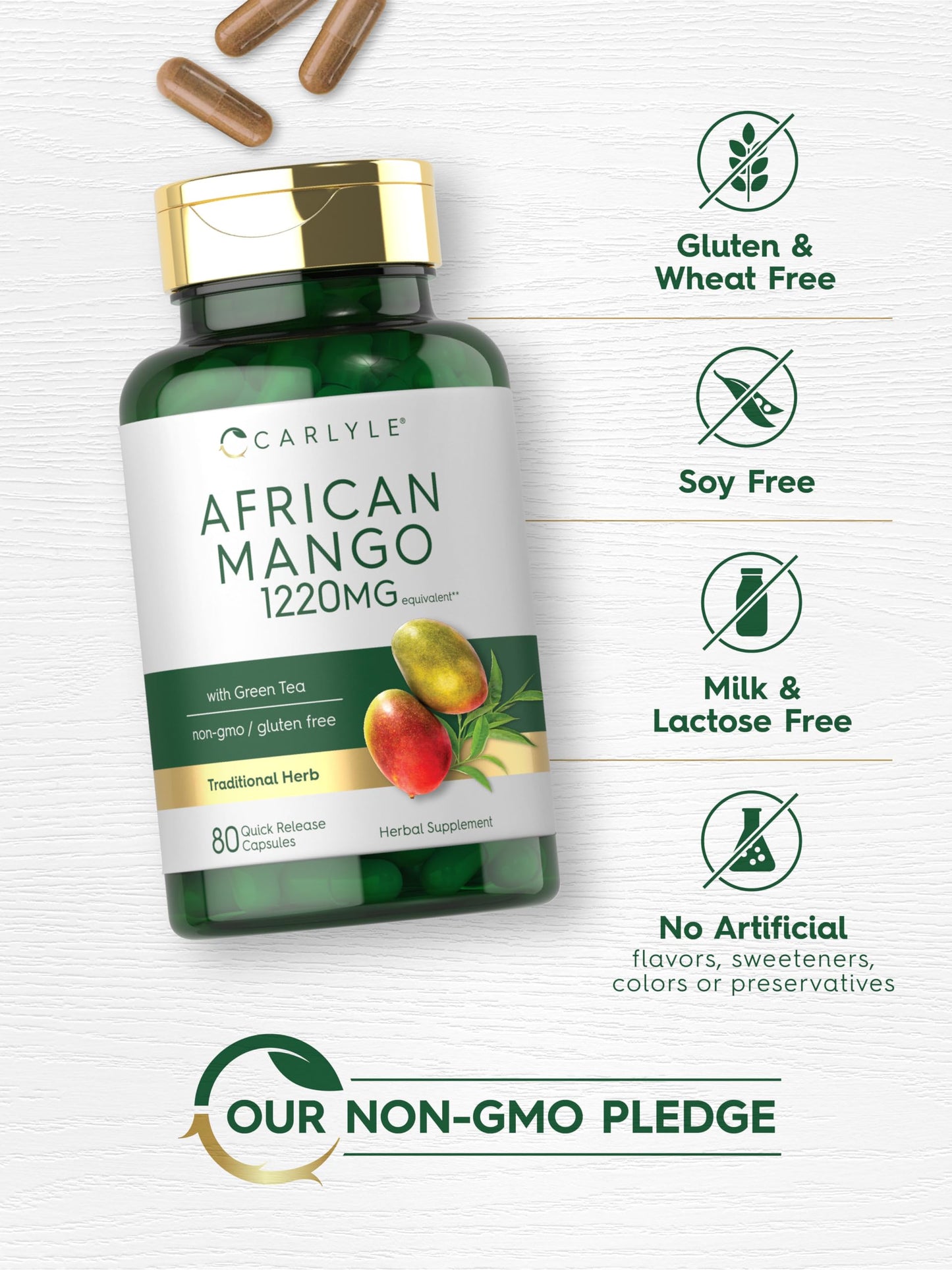 Carlyle African Mango 1220mg - 80 Caps | Green Tea Extract | Non-GMO, Gluten Free