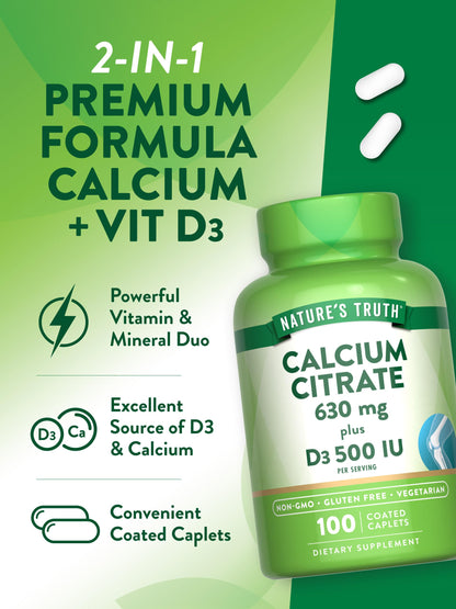 Nature's Truth Calcium Citrate with Vitamin D3 - 100 Caplets | Vegetarian, Non-GMO & Gluten Free