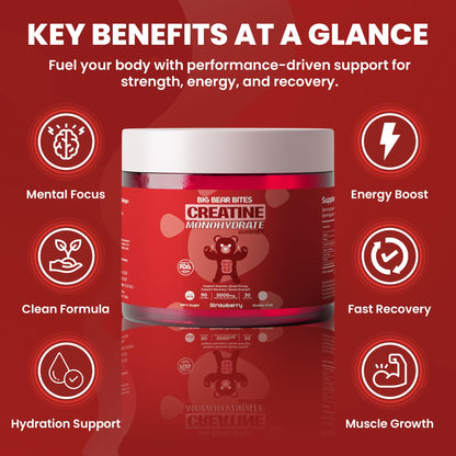 Big Bear Bites Creatine Monohydrate Gummies – 5000mg per Serving – Sugar Free, Gluten Free & Halal – 90 Gummies – Strawberry Flavor