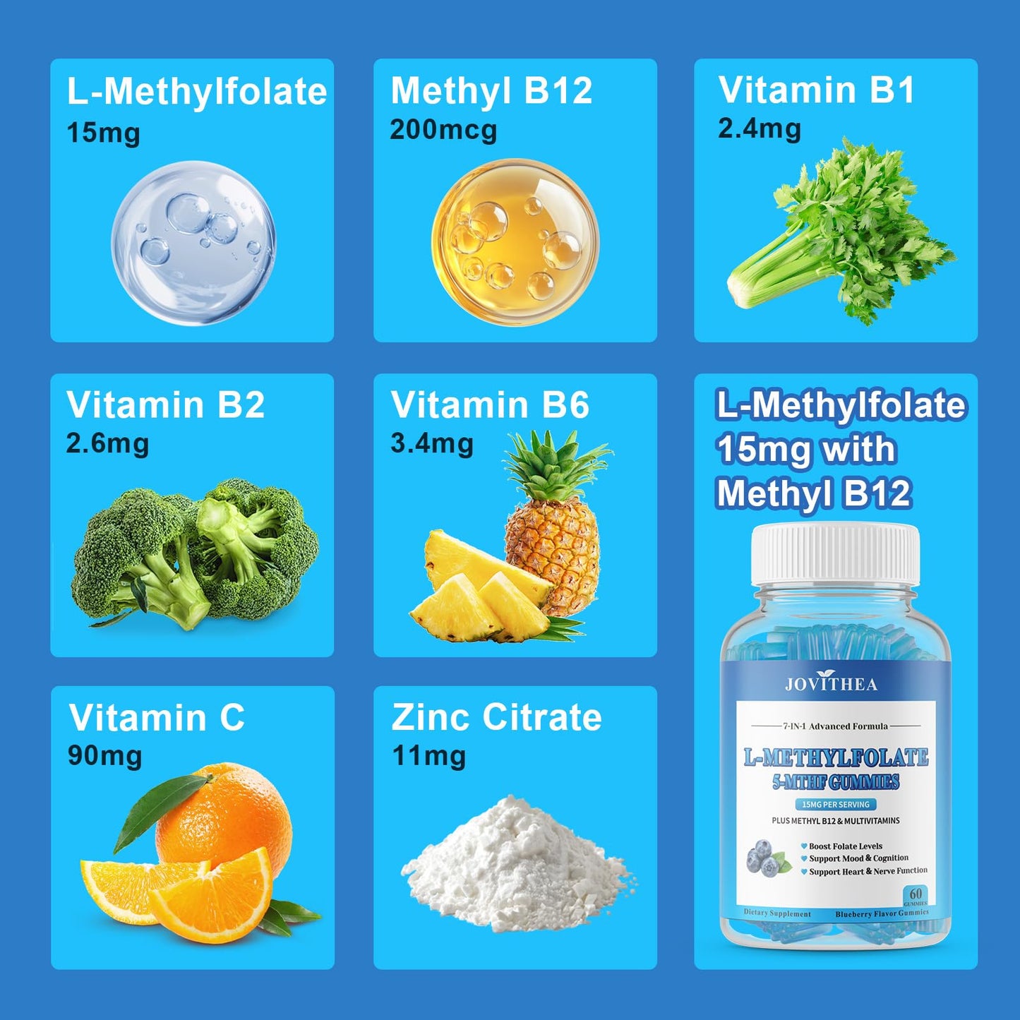 L-Methylfolate 15mg Gummies with Methyl B12 – 60 Count | Sugar Free, Vegan, Non-GMO Folate 5-MTHF