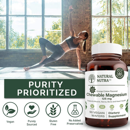 Natural Nutra Magnesium Chewable 125mg – 50 Vegan Wafers for Sleep, Muscle, Nerve, Bone & Heart Health