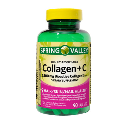 Spring Valley Collagen + C Tablets for Hair, Skin & Nails – 2,500 mg Collagen + 60 mg Vitamin C, 90 Count (Highly Absorbable)