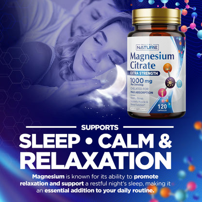 Magnesium Citrate 1000mg - High Absorption Magnesium Complex for Heart, Muscle, Nerve, Bone Health | Vegan, Non-GMO, Gluten-Free - 120 Capsules