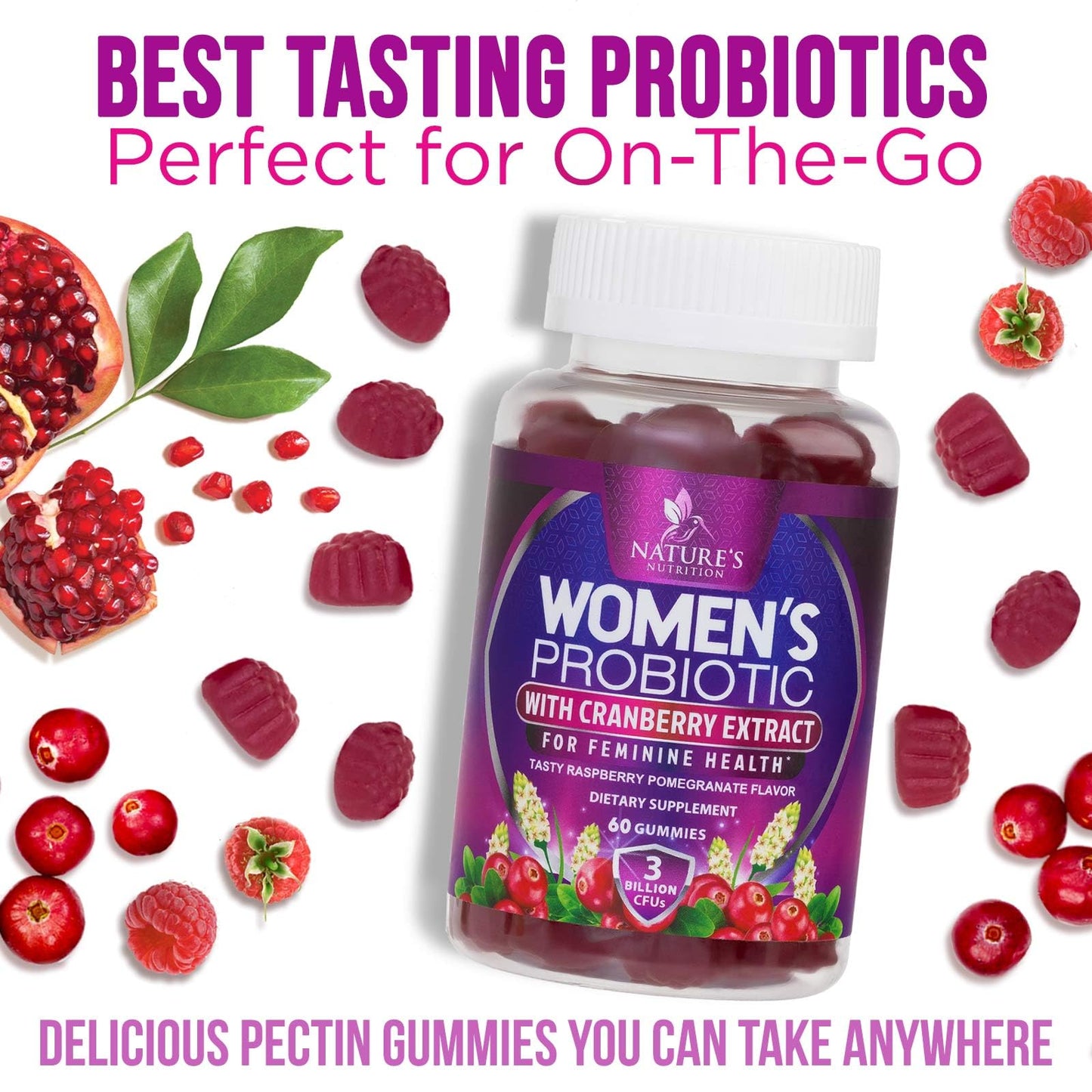 Probiotics for Women Gummies with Cranberry — 3 Billion CFU, 6 Strains, Digestive & Vaginal Health (60 Gummies)