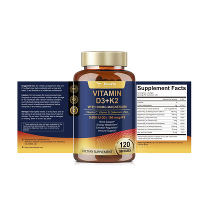 9-in-1 Magnesium Glycinate 500mg + Vitamin D3 5000 IU & K2 | 120 Softgels