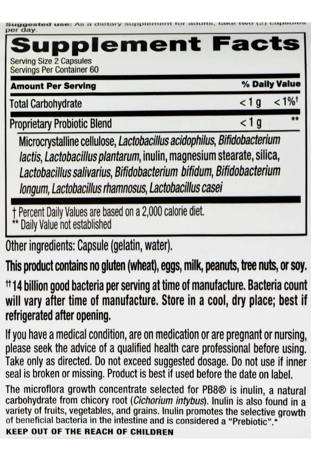 Nutrition Now Pb8 Acidophilus Original – 120 Count | 14 Billion CFU | Gluten Free