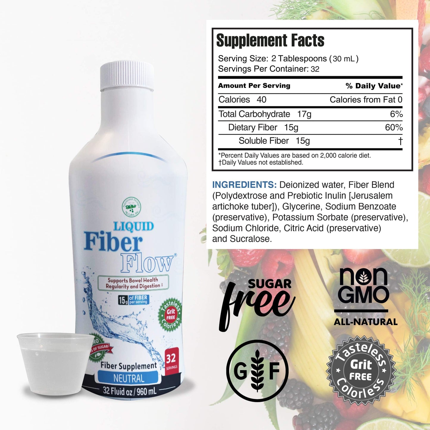 Nutritional Designs Liquid Fiber Flow – Sugar-Free Prebiotic Inulin Fiber (25 Packets)
