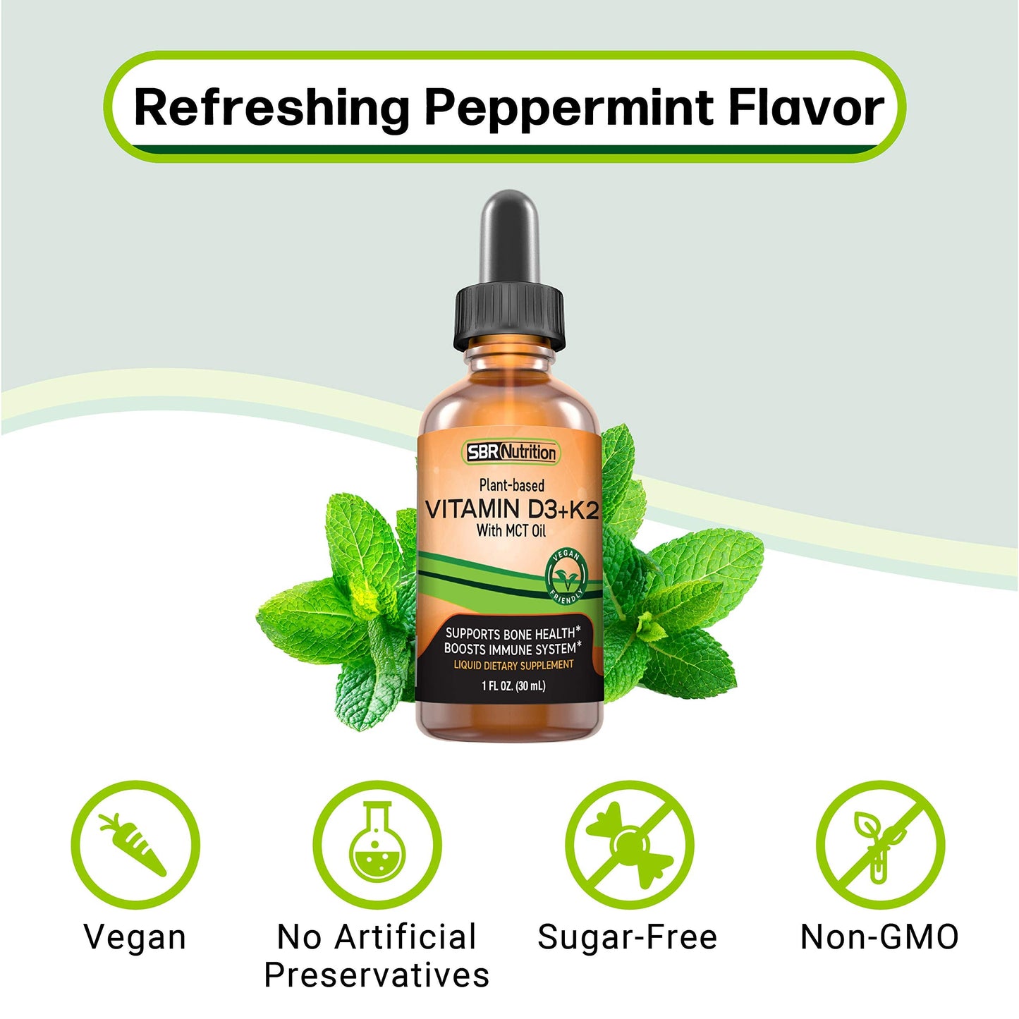 Vegan Vitamin D3 + K2 (MK-7) Liquid Drops with MCT – Peppermint Flavor