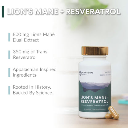 Nutritional Roots Lion's Mane + Resveratrol - Brain & Heart Health - 60 Capsules