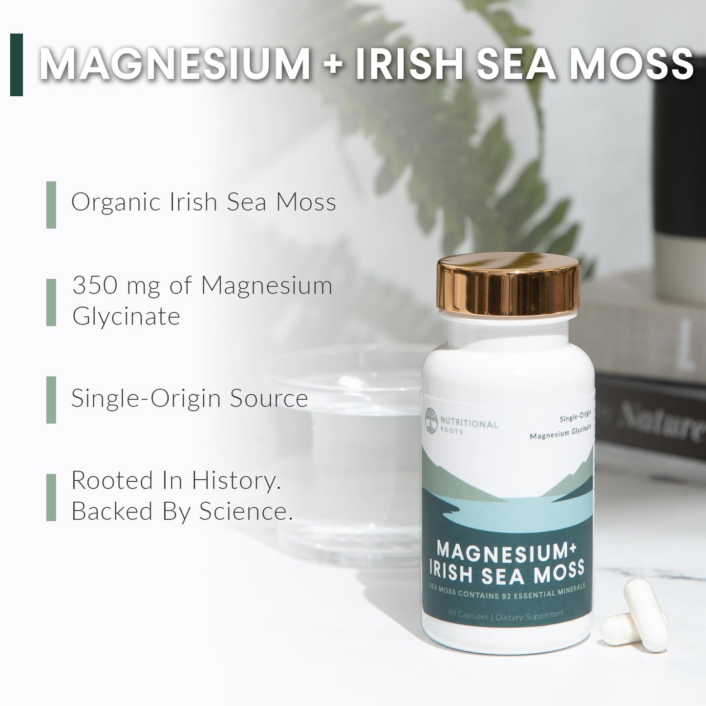 Nutritional Roots Magnesium + Irish Sea Moss | 350 mg Magnesium Glycinate, 60 Capsules
