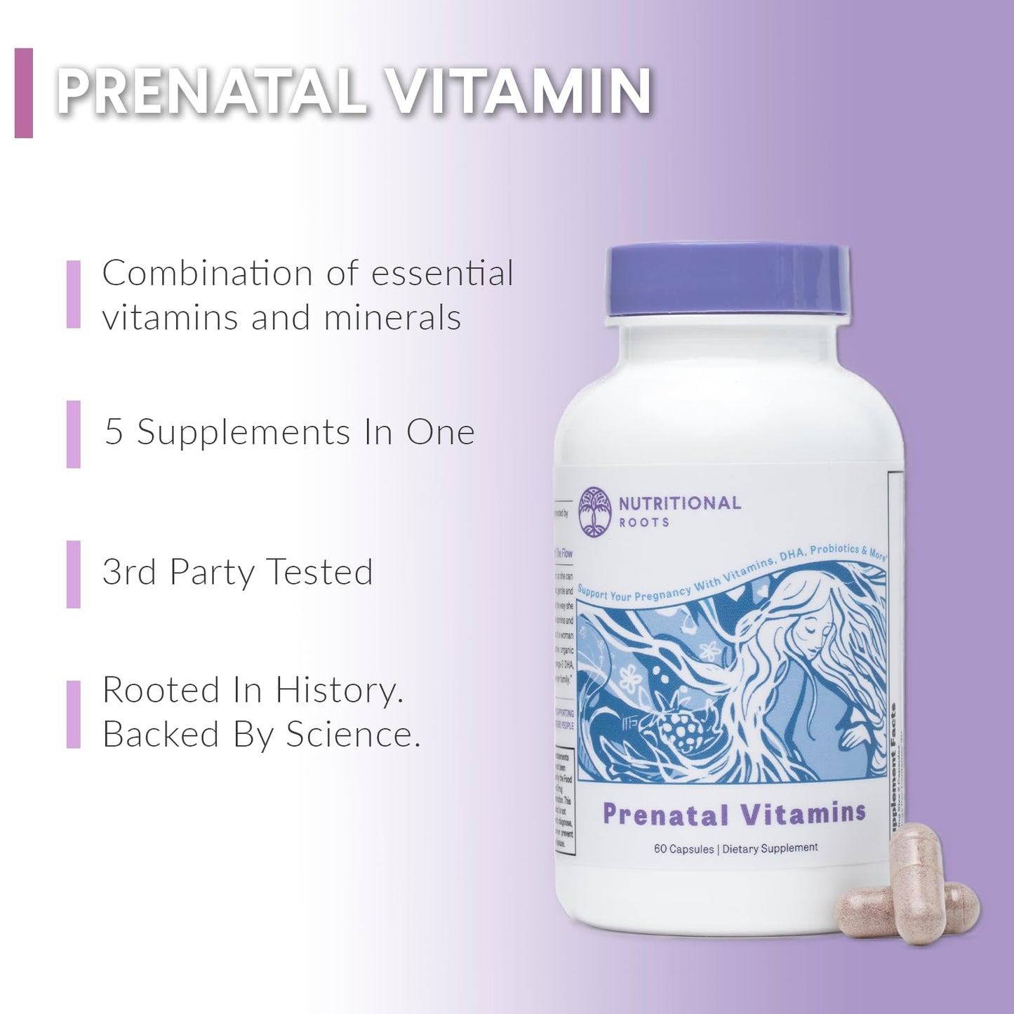 Nutritional Roots Prenatal Vitamins with DHA – Whole-Food, Probiotics, Regenerative Organic | 30 Servings